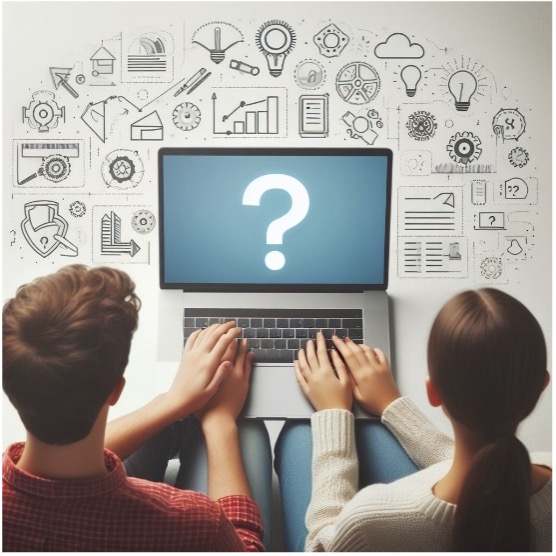 How to?; erstellt mit „Microsoft Copilot“ am 24.05.2024, 15:26 Uhr; Promt: „Generiere bitte ein Bild, worin junge Menschen auf einem Laptop tippen & ein Fragezeichen in dem Bildschirm steht. Sie suchen nach Lösungen.“ 