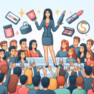 Microsoft Designer; Prompt: „Bitte generiere mir ein Bild einer Influencerin, die Produkte bewirbt. Um sie herum steht ihre Community, manche erfreut und manche skeptisch, ob sie ihr vertrauen können und die Produkte kaufen sollten.