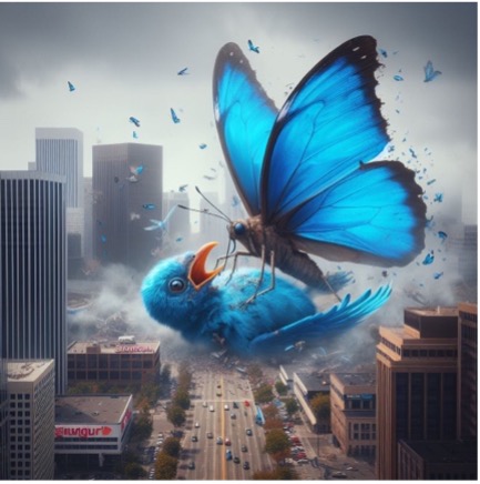 Bilduntertitel: Zu Fall bringen kann der Schmetterling (Bluesky) seinen Muttervogel (X) derzeit (noch) nicht.
Bild2: Schmetterling frisst Vogel; erstellt mit „Microsoft Copilot“ am 23.4.2024 um 16.43 Uhr; Anschluss-Prompt an den vorherigen bei Bild1: „Jetzt drehe das Bild bitte um: Nun tötet der Schmetterling, der nun viel größer ist als der Vogel, den Vogel.
