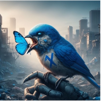 Bilduntertitel: Im Kampf um die Nutzer-Zahlen frisst X (Vogel) Bluesky (Schmetterling) sinnbildlich auf.
Bild1: Vogel frisst Schmetterling; erstellt mit „Microsoft Copilot“ am 23.4.2024 um 16.28 Uhr; Prompt: „Generiere bitte einen blauen Vogel, der in einem apokalyptischen Silikon Valley einen blauen Schmetterling frisst. Der blaue Vogel sieht realistisch aus und hat den Buchstaben “X” auf der Brust aufgemalt. Der Schmetterling sieht ebenfalls realistisch aus und ist wesentlich kleiner als der Vogel.“
